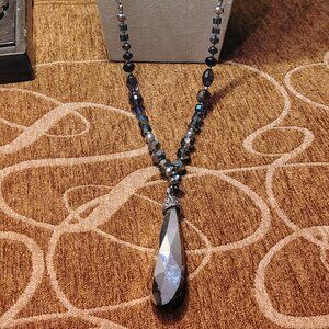 CHICO'S Faceted AB Blue Glass, Long Glass Mirrored Teardrop Pendant Necklace